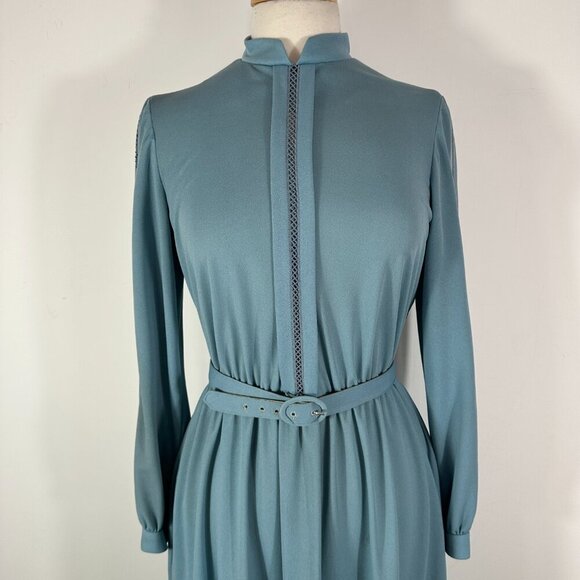 Vtg 80s David Warren Mock Neck Belted Waist Midi Dress Gray Sz 10 Long Sleeve - Picture 5 of 15